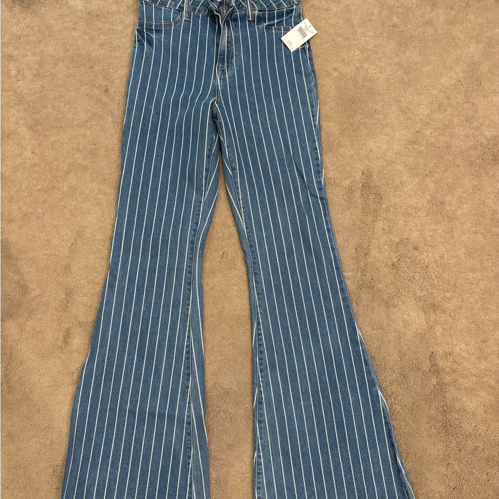 Cello Blue Flare Jeans with Bold Vertical Stripes